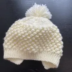 手編み　ハンドメイド　ニット帽　正ちゃん帽　ぽんぽんつき　ポップコーン柄