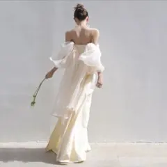 ウェディングドレス　ふんわりシフォン袖付き可愛いウェディングドレス