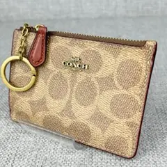 美品コーチ◆チェーンリング付マチ無カード＆コインケース シグネチャーPVC 茶系