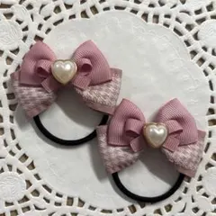 ハンドメイド ヘアゴム 千鳥孔子 フリルリボン ピンク ハート a525