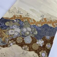 BY6778 雲娥導　刺繍　袋帯 正絹 六通 訪問着 色無地　付下　金　菊