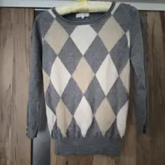 ダイヤモンド柄ニットセーター グレー アイボリー 長袖