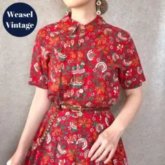 ヴィンテージ レトロ古着 フロントボタン花柄コットンワンピース 半袖赤ボタニカル