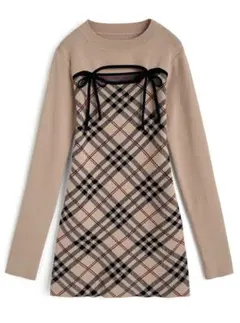ベージュ チェック柄 ミニワンピース