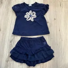 ネイビー 花刺繍 Tシャツとショートパンツのセット　90