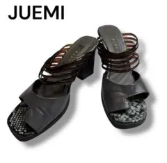 JUEMI ストラップ　付き　ブラック　ヒール　サンダル　レース　パイソン
