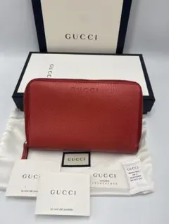 GUCCIグッチ ラウンドファスナー長財布 GGロゴ レザー レッド レディース