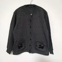 古着 カジュアル ダークグレー ニットカーディガン 長袖 猫 刺繍