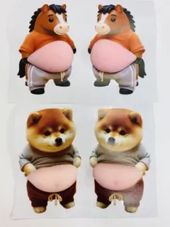 3D柴犬&馬4匹セット お腹ぷにぷにシール もちもち スクイーズ もっちり 肉球