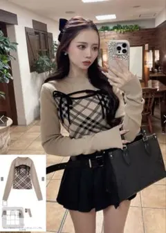 《GRL》チェック柄フロントオープンリボンニットトップスru1374