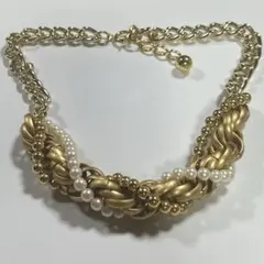 パール＆ゴールドツイストチェーンネックレス／✨美品✨