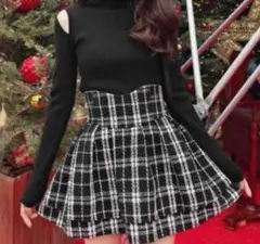 ミシェルマカロン フレアスカート 黒 白 ツイード 美脚 本物