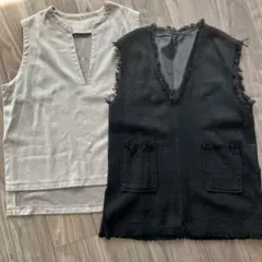 coca フリンジ Vネック ベスト 黒、Ｖネックベスト　ベージュ　2点セット