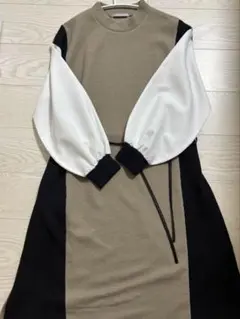 DouDou_ オリーブグリーン異素材ドッキングワンピース