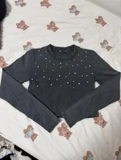 ZARA ビジュー付きグレー クロップドニット M