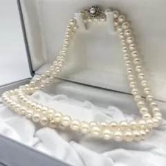 照り強 2連 アコヤ真珠 あこや ロング ネックレス パール 本真珠 6.5mm