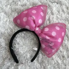 【美品】 ディズニー ミニー カチューシャ ピンク 水玉 ドット デカリボン