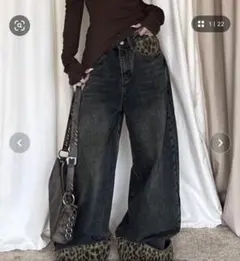 レオパード柄ロールアップ ワイドデニムパンツ