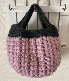 毛糸トートバッグ　かぎ編みハンドメイド 　ピンク&グレー