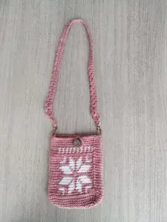 ハンドメイド♡かぎ針編みピンク 雪の結晶模様 ポシェット