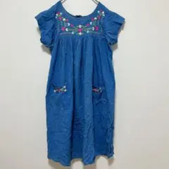 ラタン インド綿 ワンピース 半袖 M 青 花柄 刺繍 ロング アジアン 難有