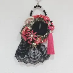 痛ロゼット ロゼット 和風ロゼット つまみ細工 ピンク 黒