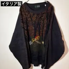 【個性派古着】イタリア製　総柄　動物刺繍　希少　ニット　ゆったりサイズ　LL