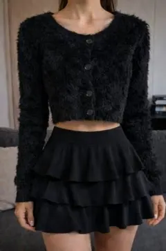 黒 ファー風 クロップドカーディガン