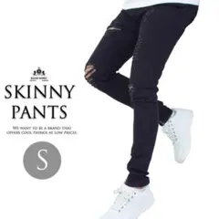 スキニーパンツ メンズ ブラックデニム スリム ダメージ おしゃれ S