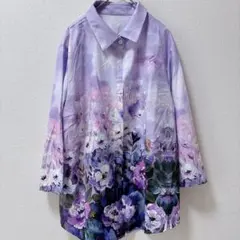 インポート 花柄 ブラウス レギュラーカラー 長袖 XL 紫 お出かけ 華やか