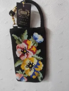 FEILER フラワー刺繍 ブラック 小物バッグ