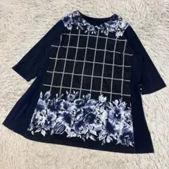 美品 MISSEL ミゼール 花柄チェックチュニック カットソー ネイビー LLのサムネイル