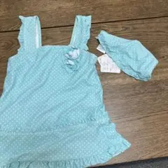 【新品タグ付】Sandia水色ドット柄ワンピース水着 帽子付き130cm