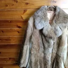 毛皮コート　ファーコート　ラビット　リアルファー　高級感　上品　茶色　S　古着