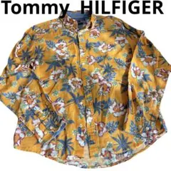 トミーヒルフィガー アロハシャツ（長袖）　リネン　L ハイビスカス　オレンジ