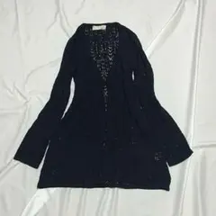【透かし編み】 ロングカーディガン 黒 M かぎ針 クロシェ シアー Y2K