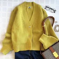 Vネック 長袖 ニット カーディガン ウール混 前開き イエロー