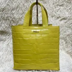 FURLA　フルラ　ハンドバッグ　レザー　クロコ　型押し　イエロー　黄　スクエア