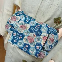 大人の兵児帯ハンドメイド澪No2690着物リメイク正絹青系 花柄 六角形模様