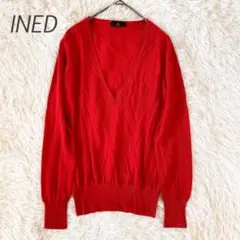 イネド ニット プルオーバー 長袖 Vネック（9）赤 ウール セーター