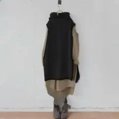 L ブラック ニットベスト ベージュ ロングシャツワンピース セットアップ