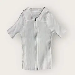 ホワイト　リブ編み　半袖トップス ダブルファスナー