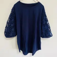 【美品】VIA NTE 五分袖カットソー ネイビー レーススリーブ M相当