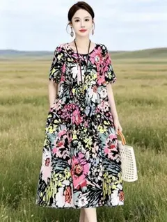 ゆったり半袖ポケット付きレディースおしゃれな花柄ワンピース