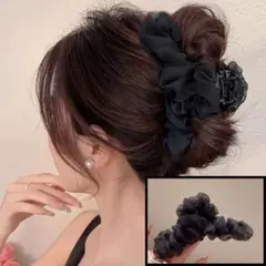 ブラック シフォン リボン ヘアクリップ バンスクリップ 韓国風 髪飾り