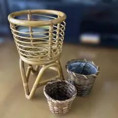 3点セット ヴィンテージ　スタンドラック　籐カゴ　カゴ 籠　植木鉢