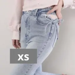 NICE CLAUP サイドカットレース美脚ビジューデニム L サックスブルー