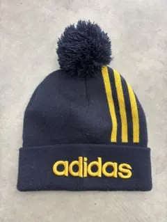【adidas】アディダス ニット帽 ボンボン付き ネイビー×イエロー ロゴ刺繍
