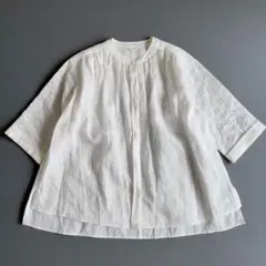 美品ヌキテパ インド綿ゆったりBORDER HEMLAフレンチスリーブブラウス