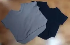 綿ワッフル 半袖VネックTシャツ ブラウン・ブラック2枚セット Mのサムネイル